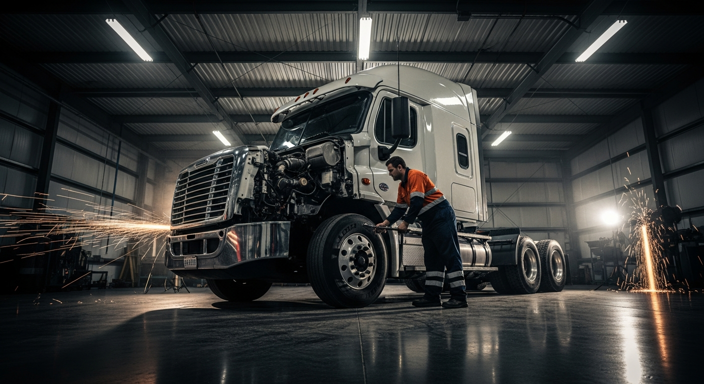 Mechanic working on semi truck in dark industrial shop